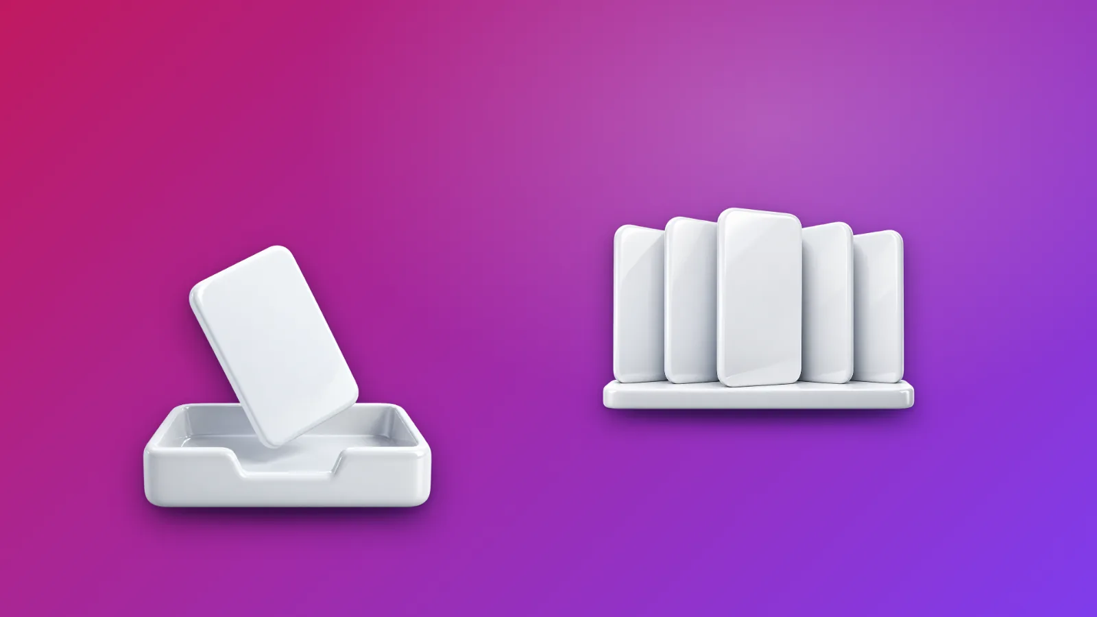 A white ceramic tray receiving a card, beside a shelf of five upright cards.